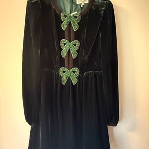 Saloni Camille Green Bows Embellished Velvet Mini Dress